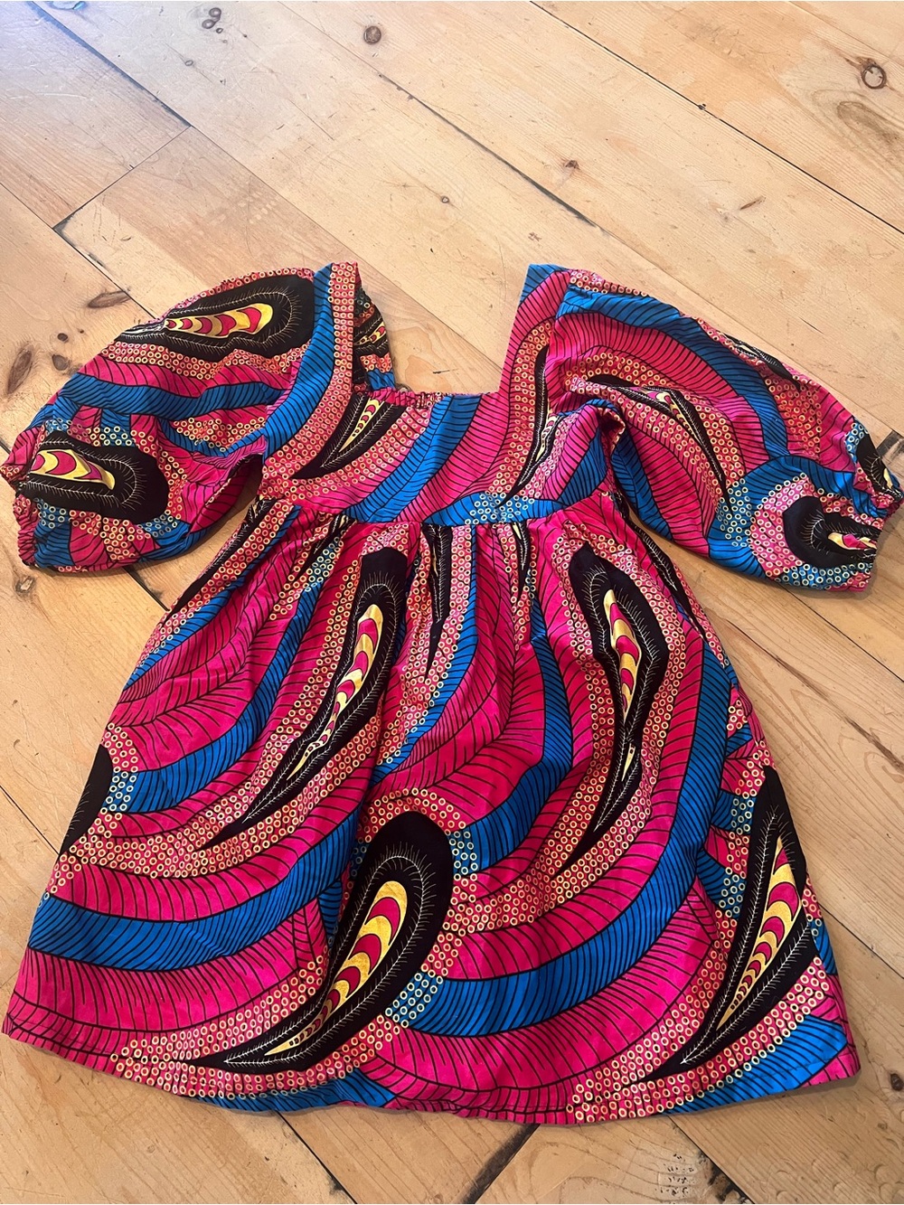 Francis & Benedict Vibrant Pink & Blue Midi Dress with Puff Sleeves